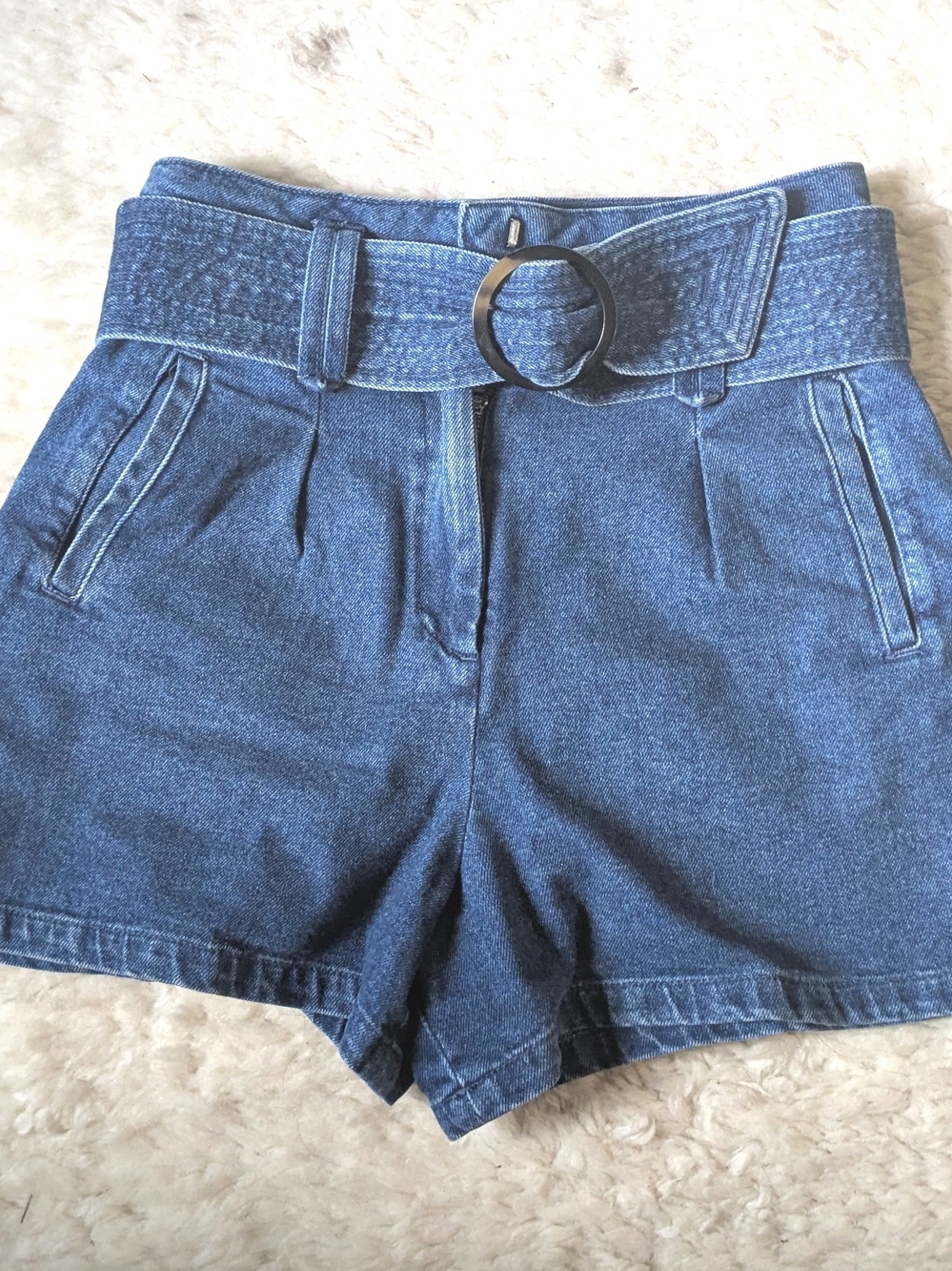 Sézane Label High-Waist Dark Blue Denim Shorts with Belt